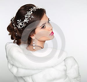 Beauty Fashion Model Girl in white Mink Fur Coat. Wedding hairstyle. Beautiful Luxury Winter Woman isolated on white background.