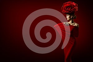 Beauty Fashion Model and Rose Flower Hairstyle, Woman in Red