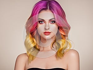 Beauty fashion model woman with colorful dyed hair