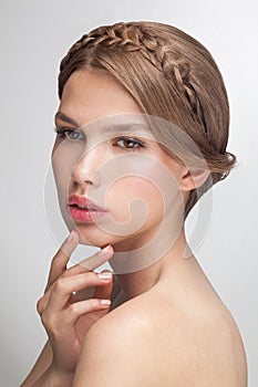 Beauty fashion portrait closeup of young attractive sensual model woman. photo