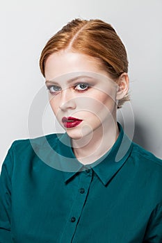 Beauty fashion portrait. Master class on makeup. Professional studio photo. Retouch. Very pretty girl