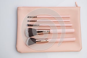 Beauty and Fashion: Set of Make up Brushes with Pink Leather Pouch Shot in Studio Over White Background