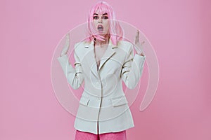 Beauty Fashion woman attractive look white blazer pink wig pink background unaltered