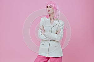 Beauty Fashion woman attractive look white blazer pink wig pink background unaltered