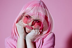 Beauty Fashion woman bright makeup pink hair glamor stylish glasses monochrome shot unaltered