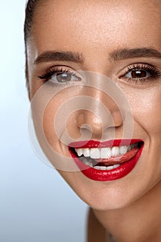 Beauty Fashion Woman Face With Perfect White Smile, Red Lips