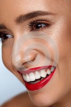 Beauty Fashion Woman Face With Perfect White Smile, Red Lips