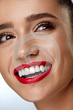 Beauty Fashion Woman Face With Perfect White Smile, Red Lips