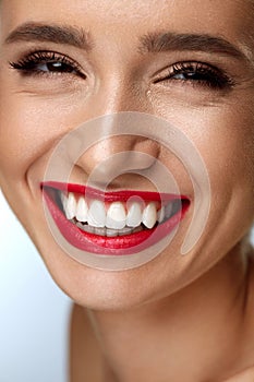 Beauty Fashion Woman Face With Perfect White Smile, Red Lips
