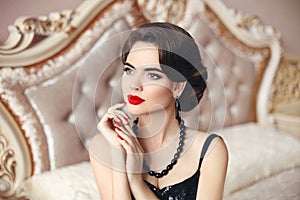 Beauty fashion woman model brunette, elegant lady portrait. Mani