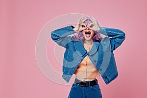 Beauty Fashion woman wavy purple hair blue jacket emotions fun color background unaltered