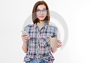 Beauty fashion woman wearing glasses,plaid shirt isolated on white background. Beautiful young brunette with trendy