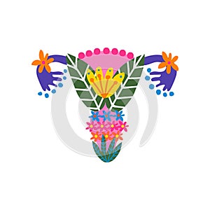 Beauty Female Reproductive System with Bright Flowers and Plants, Uterus and Womb Organs Made of Blooming Flowers Vector