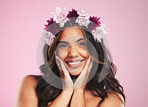 Beauty, flowers and hair with portrait of woman in studio for cosmetics, skincare and wellness. Self care, spa treatment