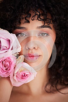 Beauty, flowers and portrait of woman with makeup, cosmetics and hair care for wellness, glamour and glow. Salon