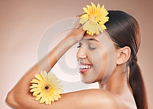 Beauty, flowers and woman with face and skincare, healthy skin with nature aesthetic and natural cosmetics. Makeup