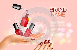 Beauty flyer with nail polish bottles and manicured female hands.