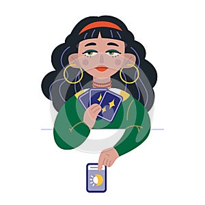 Beauty Fortune tellers, cartoon style. Young Gypsy girl lays out tarot cards on table. Trendy modern vector illustration