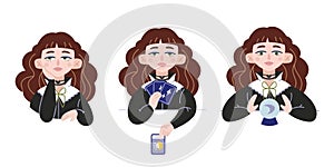 Beauty Fortune tellers, urban witch. Girls are telling the future by crystal ball and tarot cards. Set Hand drawn vector