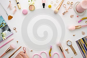 Beauty frame composition with cosmetics, makeup tools and accessory on white background. fashion, party and shopping