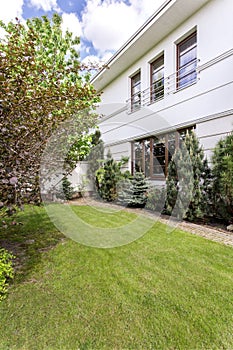 Beauty garden with green lawn