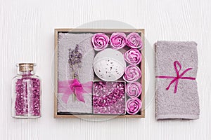 Beauty gift box. Spa relax home with lavender flowers and lavender oil, bath bomb, sea salt, bath roses, towel