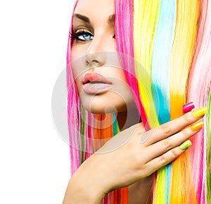 Beauty Girl with Colorful Hair and Nail polish