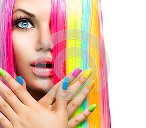 Beauty Girl with Colorful Hair and Nail polish
