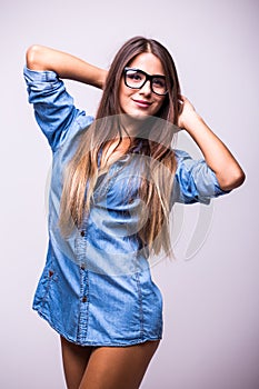 Beauty girl in jeans shirt posing