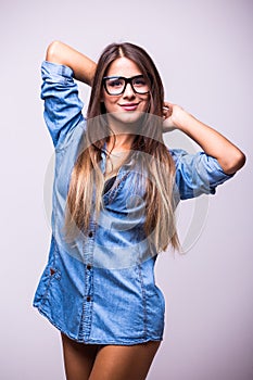 Beauty girl in jeans shirt posing