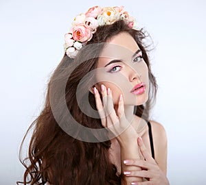 Beauty girl Makeup face. Healthy Hair. Young attractive woman wi