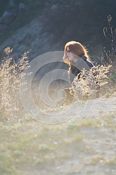 Beauty Girl Outdoors enjoying nature. Beautiful Teenage Model girl with long healthy blowing hair running on the Spring Field, Sun