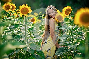 Beautiful Teenage Model girl with long healthy hair posing on the Sunflower Spring Field