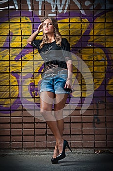 Beauty girl posing fashion near red brick wall on the street