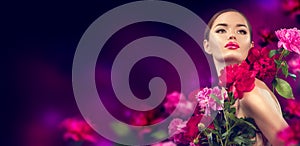 Beauty girl with purple, red, pink peony flowers portrait. Beauty high fashion model woman with peony flowers