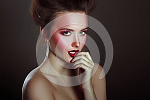 Beauty Girl with Red Lips and Nails. Provocative Make up
