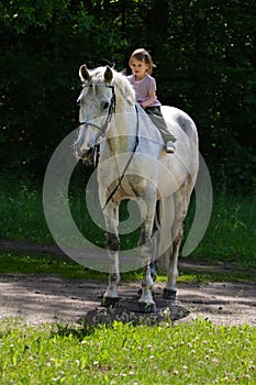 Beauty girl riding bareback by gray horse
