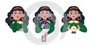 Beauty Gypsy Fortune tellers. Mystic ladies. Girls are telling the future by crystal ball and tarot cards. Set vector