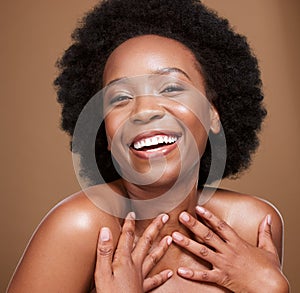 Beauty, hair care and portrait of black woman with smile on brown background studio. Wellness, skincare and face of