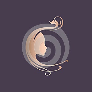 Beauty, hair salon logo. Woman portrait and decorative letter C. Shiny rose gold color.