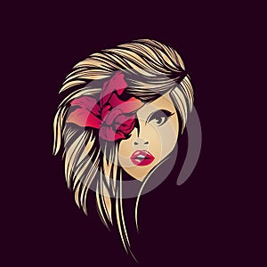 Beauty, hair studio, fashion illustration. Beautiful, attractive blonde woman with red flower. Long, wavy hairstyle.