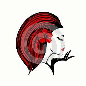 Beauty, hair studio, fashion illustration. Beautiful redhead woman with flower accessory. Long, wavy hairstyle.