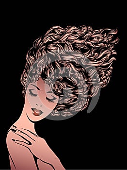 Beauty, hair studio, nail salon, spa illustration. Beautiful, attractive woman face and hand. Long, wavy, curly haircut.