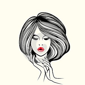 Beauty, hair studio, nail salon, spa illustration. Beautiful, attractive woman face and hand. Long, wavy hair.