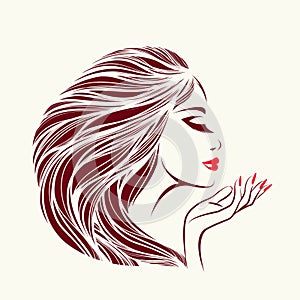 Beauty, hair studio, nail salon, spa illustration. Beautiful, attractive woman. Red color cosmetic products.