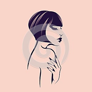 Beauty, hair studio, nail salon, spa illustration. Beautiful, attractive woman. Short retro haircut.