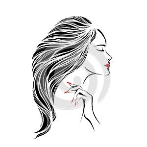 Beauty, hair studio, nail salon, spa illustration. Beautiful woman and hand. Long, wavy hair.