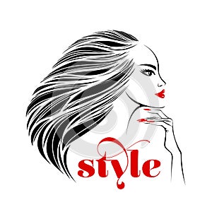 Beauty, hair studio, nail salon, spa illustration. Beautiful woman and hand. Long, wavy hair.