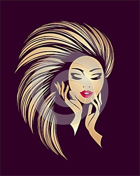 Beauty, hair studio, nail salon, spa illustration. Front view beautiful, attractive woman with long, blond hair.