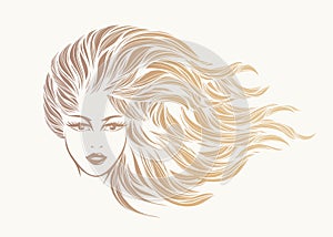 Beauty, hair studio, spa illustration. Beautiful, attractive woman. Long, wavy, flowing blonde hair.